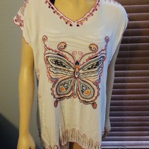 White M Cut Cap Sleeve Embroidered Butterfly Tunic